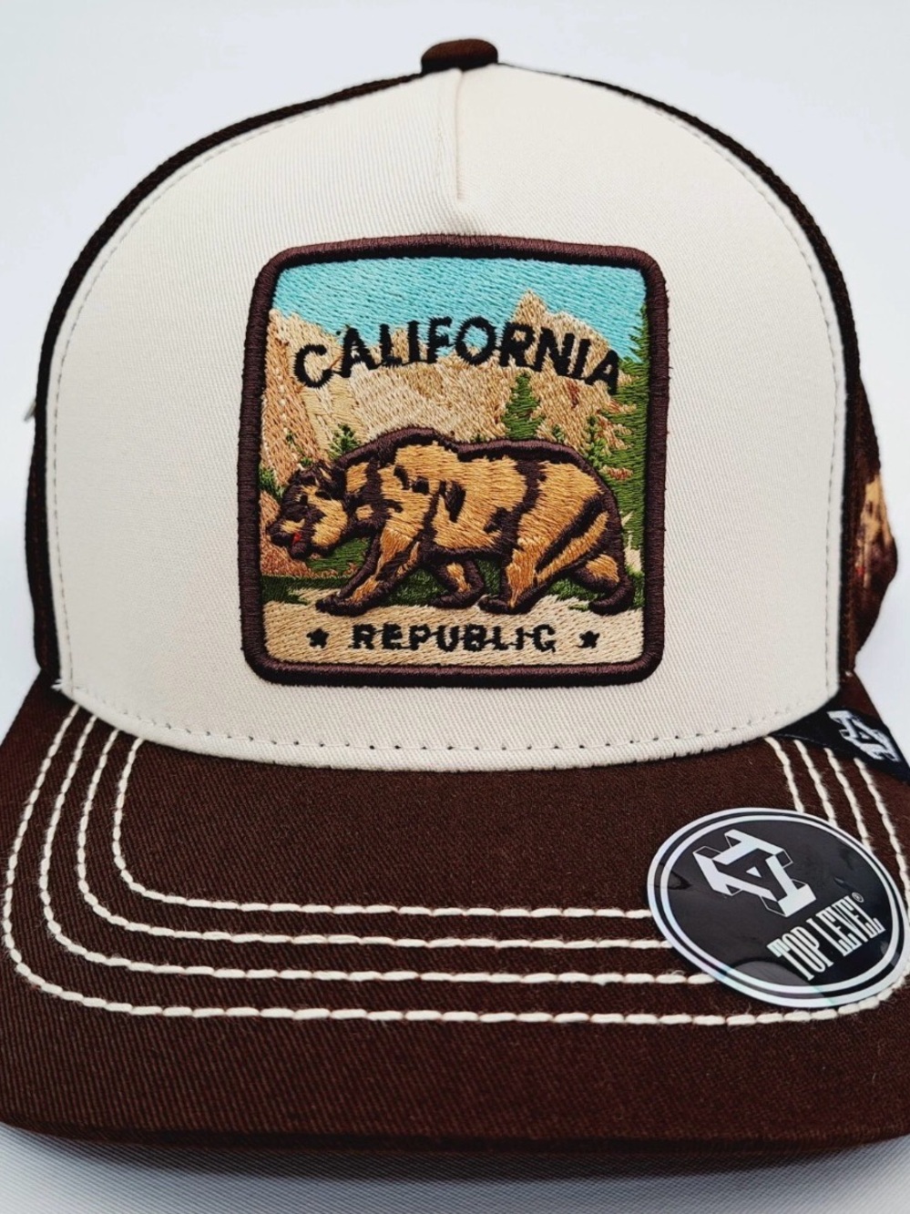 California Republic Curved Bill Embroidered Patch Cap Hat Brown Trucker Mesh